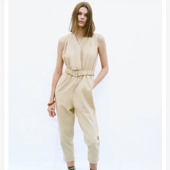 New Zara Textured Linen Blend V-Neck Sleeveless Belted Tan Jumpsuit NWT Size XS - Picture 4 of 16